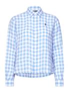 Wide Cropped Gingham Linen Shirt Tops Shirts Long-sleeved Blue Polo Ra...