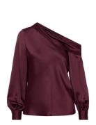 Satin -Shoulder Blouse Tops Blouses Long-sleeved Burgundy Lauren Ralph...