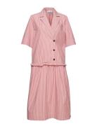 Stripe Cotton Blazer Dress Knelang Kjole Pink Ganni