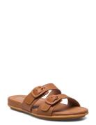 Gracie Rubber-Buckle Two-Bar Leather Slides Flate Sandaler Brown FitFl...