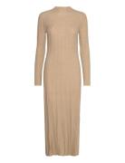 Perkins-Neck Ribbed Dress Knelang Kjole Beige Mango