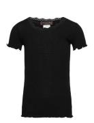 Silk T-Shirt W/ Lace Tops T-shirts Short-sleeved Black Rosemunde Kids