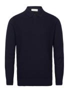 Cosy Structured Knit Polo Tops Knitwear Long Sleeve Knitted Polos Navy...