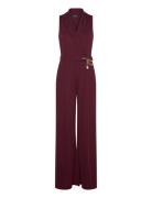 Chain-Trim Stretch Jersey Jumpsuit Bottoms Jumpsuits Burgundy Lauren R...