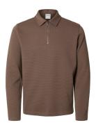 Slhmarc Rib Ls Polo Tops Polos Long-sleeved Brown Selected Homme