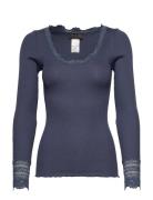 Silk T-Shirt W/ Lace Tops T-shirts & Tops Long-sleeved Blue Rosemunde