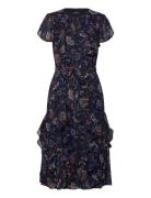 Floral Ruffle-Trim Georgette Dress Knelang Kjole Navy Lauren Ralph Lau...