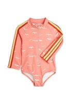 Seagull Aop Ls Swimsuit Badedrakt Badetøy Pink Mini Rodini