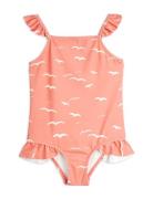 Seagull Aop Frill Swimsuit Badedrakt Badetøy Pink Mini Rodini
