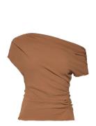 Asymmetric Ruched Top Tops T-shirts & Tops Short-sleeved Brown Mango