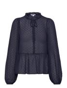 Peplum Dobby Dot Blouse Tops Blouses Long-sleeved Navy Bubbleroom