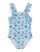 Swimsuit W. Frills, Aop Badedrakt Badetøy Blue Color Kids