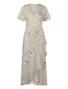 Floral Print Wrap Ss Frill Dress Knelang Kjole Cream GANT