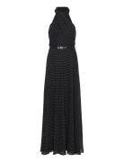 Polka-Dot Belted Georgette Halter Gown Dresses Evening Dresses Black L...