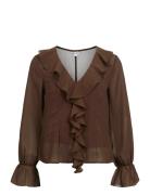 Objgina L/S Re V-Neck Ruffle Top Ss Div Tops Blouses Long-sleeved Brow...