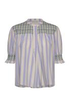 2367 Smocked Cotton, Smocked Gather Tops Blouses Short-sleeved Blue ST...