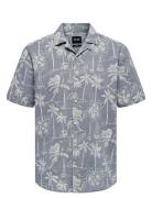 Onscaiden Ss Reg Hawaii Aop Linen Noos Tops Shirts Short-sleeved Blue ...