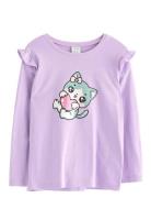 Top With Frill Detail Cat Prin Tops T-shirts Long-sleeved T-shirts Pur...