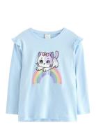Top With Frill Detail Cat Prin Tops T-shirts Long-sleeved T-shirts Blu...