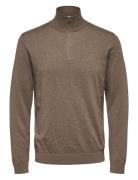 Slhberg Half Zip Cardigan Tops Knitwear Half Zip Jumpers Brown Selecte...