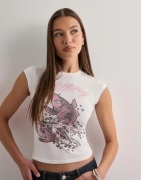 Ed Hardy - Hvit - Womens Koi Fish Diamante Cap Sleeve Tshirt Top